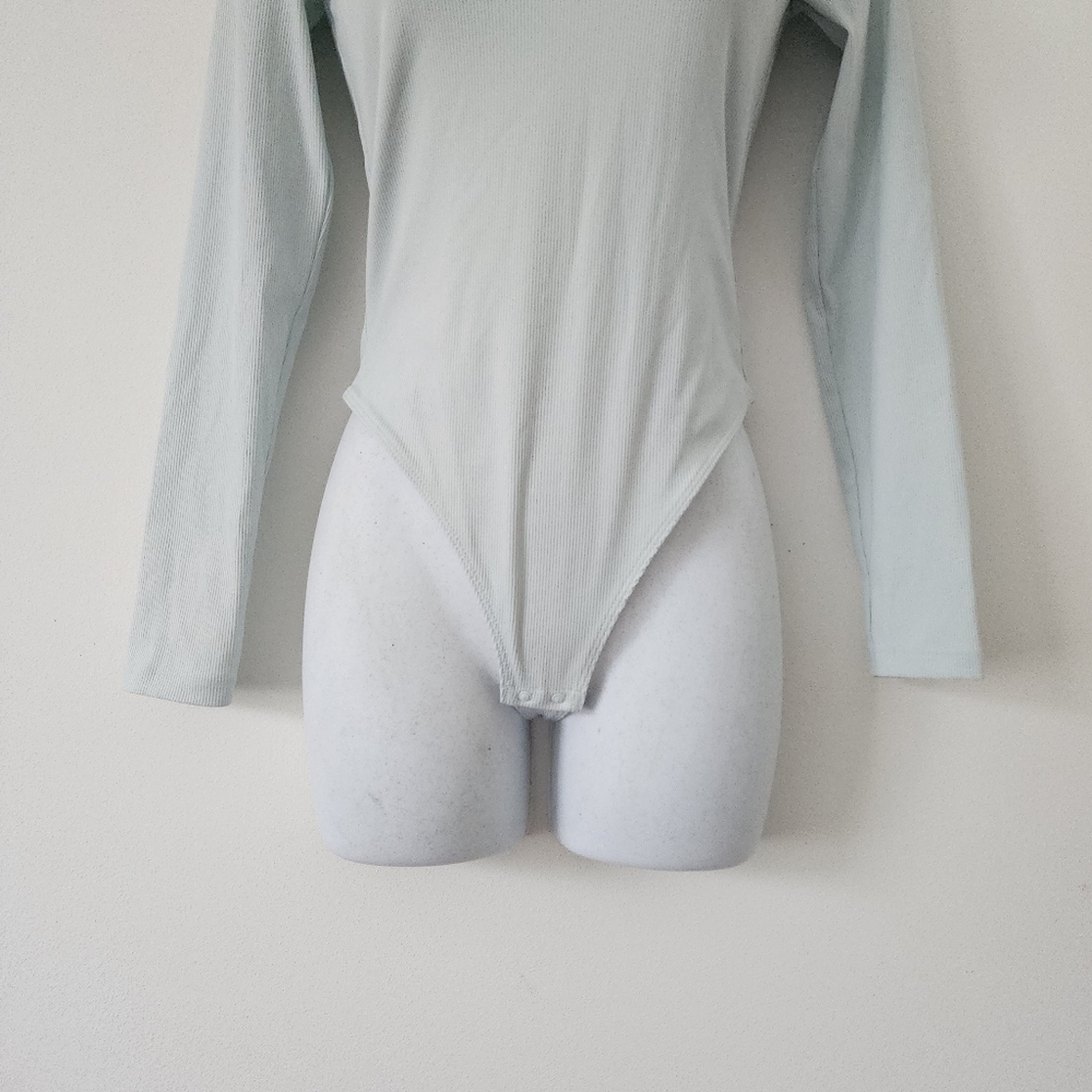 House of Harlow 1960 Green Ribbed Long Sleeve Collared Bodysuit w/ Snaps Size XS - Picture 3 of 13